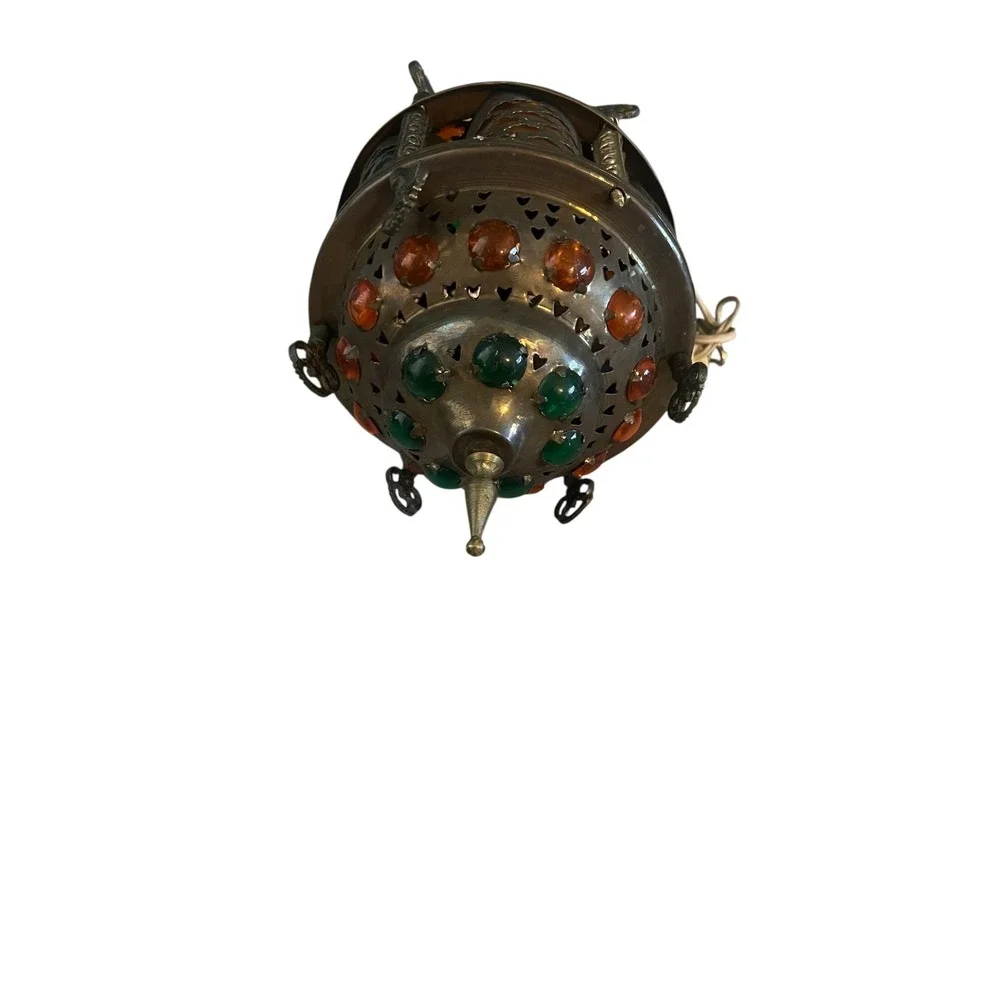 Vintage Moroccan Brass Jeweled Lantern Hanging Swag Lamp Colorful Glass Cabochon